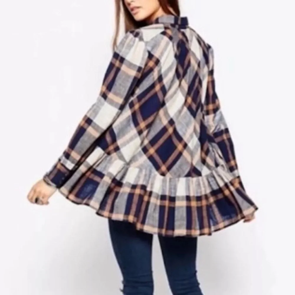 Free People Preppy in Plaid Ruffle Hem Top Anthropologie M Excellent! B#1